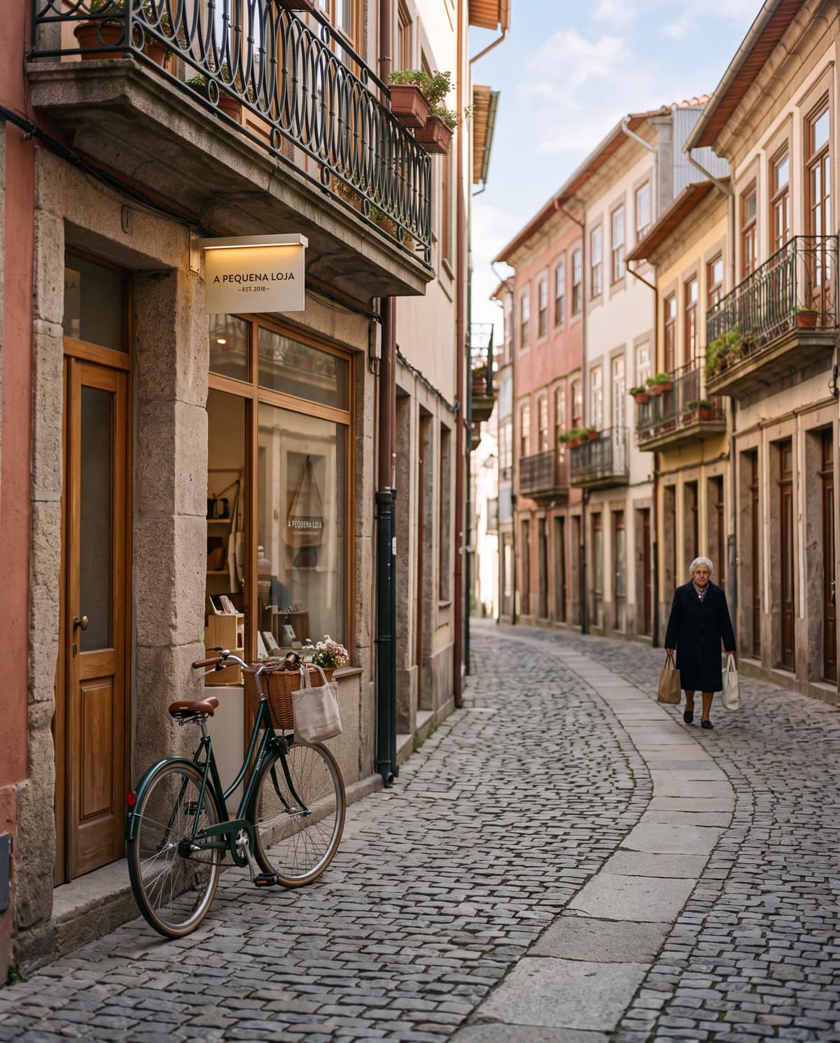 Rua histórica da Ribeira no Porto, com loja premium 'A Pequena Loja' e arquitetura clássica